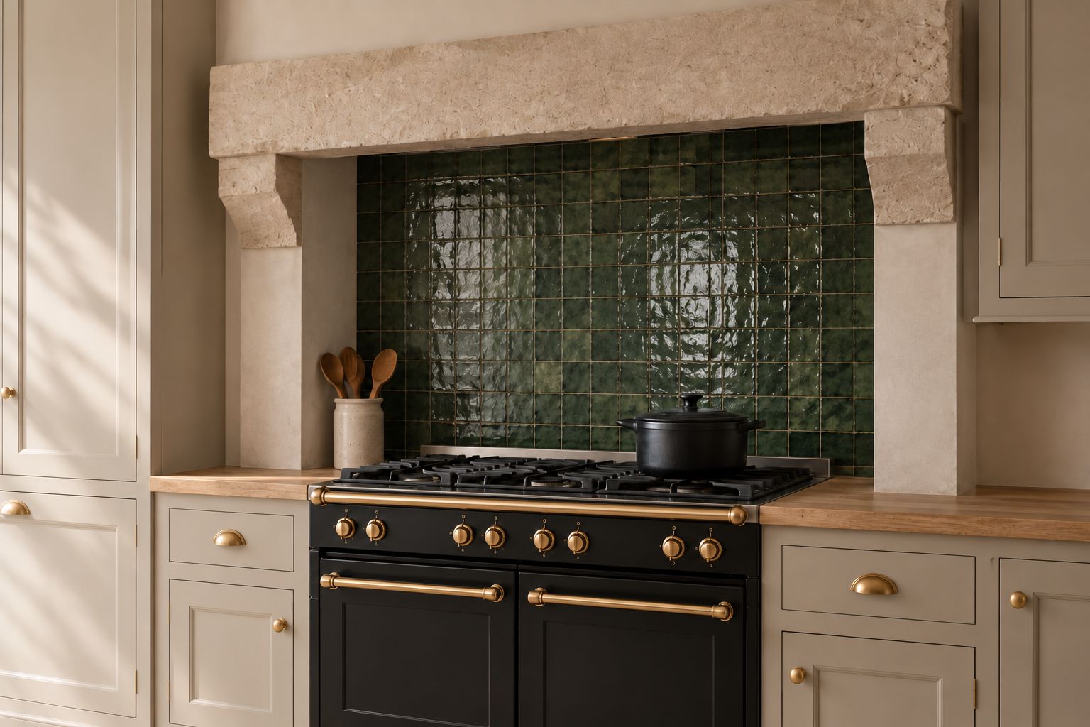 Zone de cuisson conceptuelle : manteau d’aspect pierre au-dessus d’une crédence de carreaux verts brillants, piano de cuisson noir à boutons et barre dorés, meubles gris perle et plans de travail en bois clair de part et d’autre.