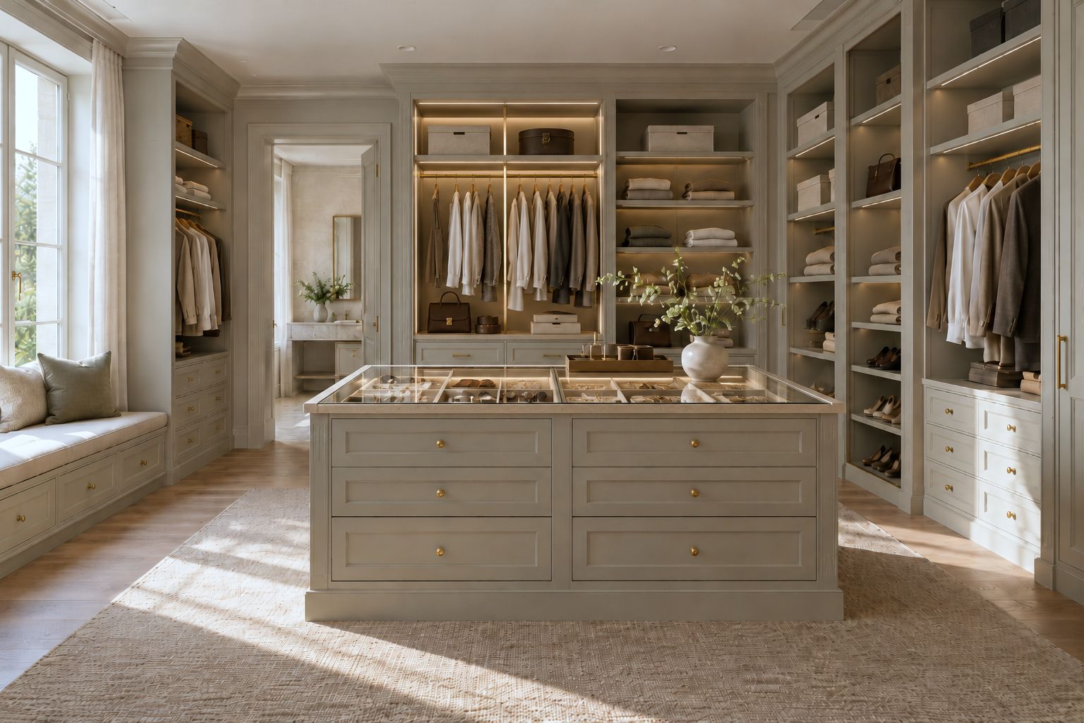 Dressing sur mesure conceptuel avec penderies ouvertes, îlot central vitré et rangements intégrés.