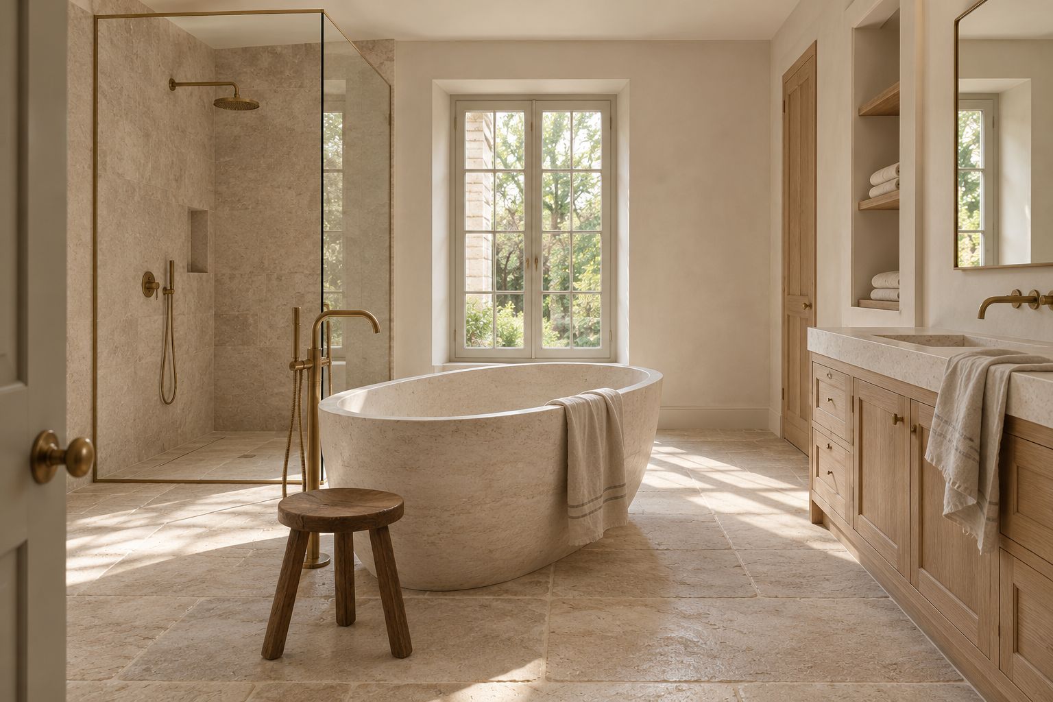 Salle de bain conceptuelle : baignoire îlot d’aspect pierre claire au premier plan, douche vitrée à gauche, grande fenêtre au fond et meuble vasque en bois clair à droite, dans une lumière naturelle.
